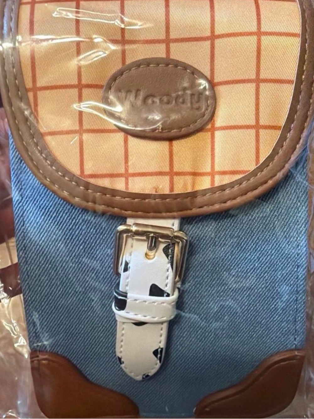 Disney Toy Story 5 Denim Crossbody Bag with Brown Trim and Cream Grid Flap